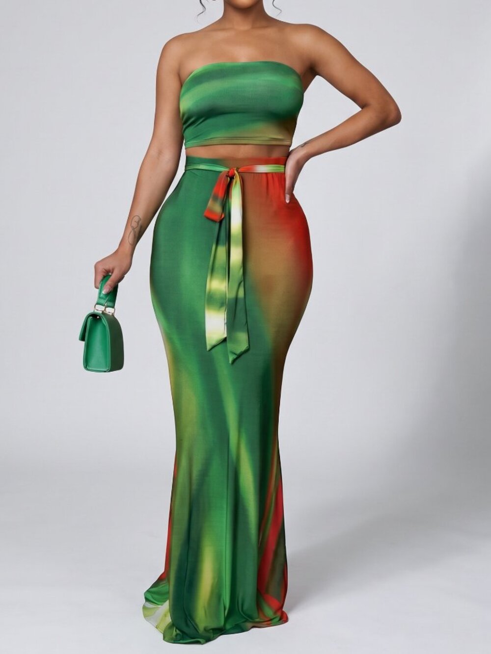 NWT Green Orange Ombre Strapless Crop Top & Maxi Skirt Set Size Small